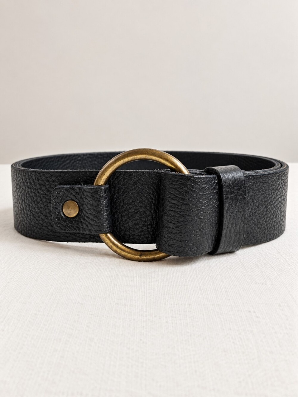 Black Genuine Leather O-Ring Belt Brass Tone Hardware